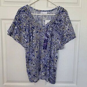 Rafaella Women Knit Top 2XL Blue Gold White Paisley Short Sleeve NEW